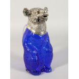 A VERY GOOD BRISTOL BLUE GLASS BEAR CLARET JUG with silver plated head and collar. 8.5ins high.
