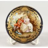 A GOOD SEVRES RICH BLUE PORCELAIN CIRCULAR POWDER BOWL AND COVER, the lid painted with young lovers.