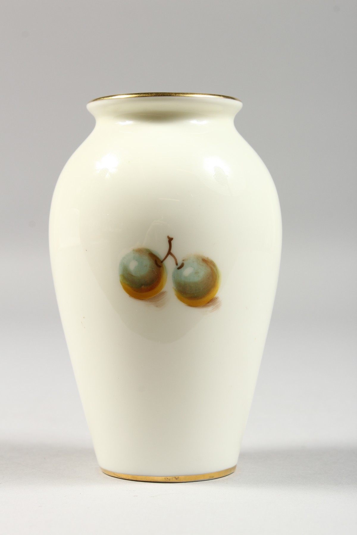 A ROYAL WORCESTER VASE PAINTED WITH FRUIT BY ROBERTS, signed, black mark, shape G461. - Image 4 of 6