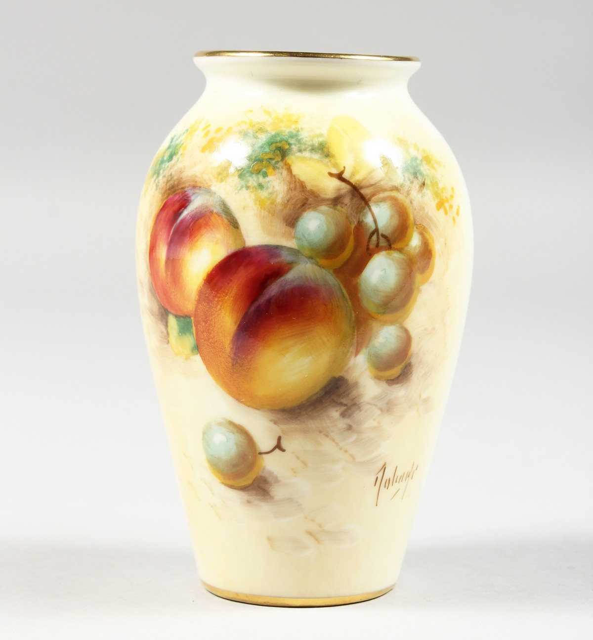 A ROYAL WORCESTER VASE PAINTED WITH FRUIT BY ROBERTS, signed, black mark, shape G461.