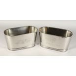 A PAIR OF MINIATURE PLATED OVAL WINE COOLERS. 11.5ins long.