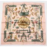 A HERMES SILK SCARF "COQEAUX" HORSE AND JACKEY. 34ins x 34ins.