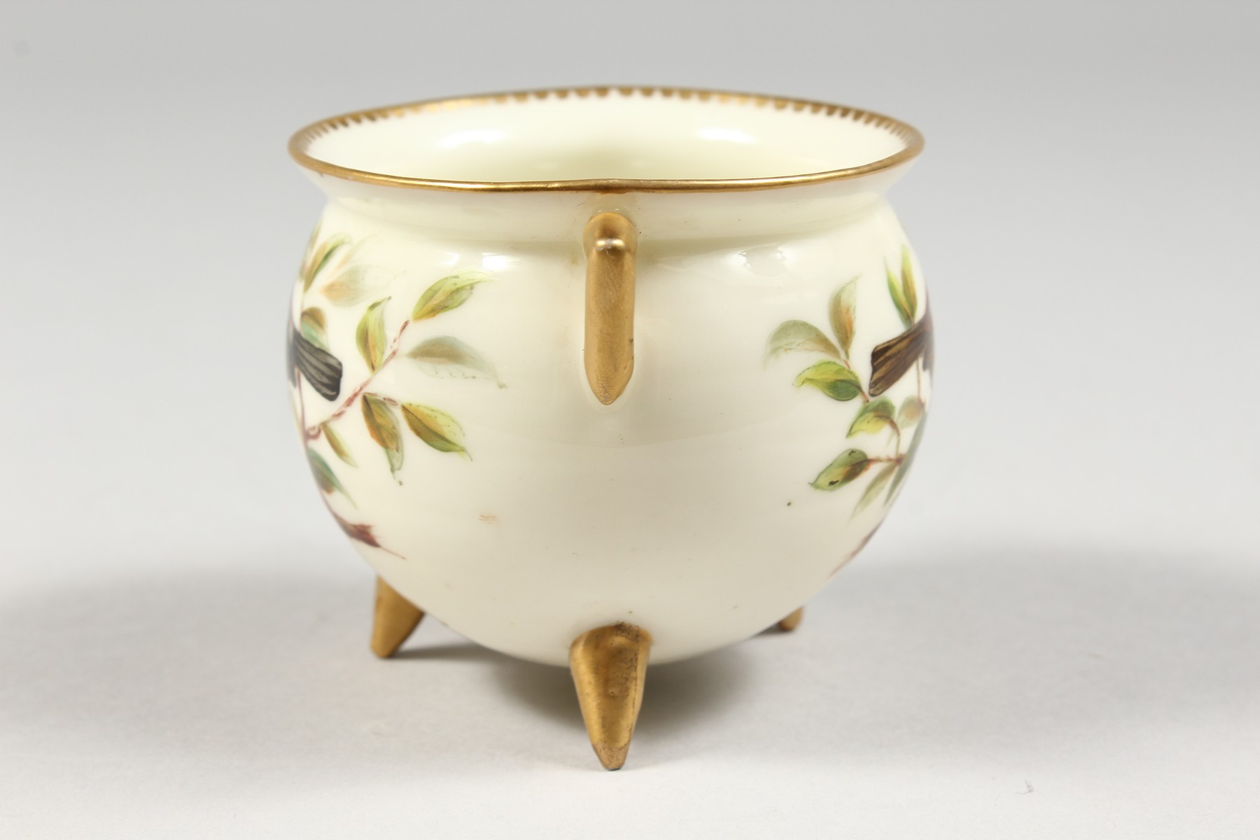 A ROYAL WORCESTER CAULDRON on three conical feet painted with a bird by Hopewell, blue mark, 1880' - Image 3 of 4