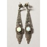 A PAIR OF SILVER, OPAL AND MARCASITE DROP EARRINGS.