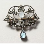 A 9CT GOLD AND SILVER, DIAMOND, BLUE TOPAZ AND PEARL BROOCH.