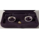 A VERY GOOD PAIR OF 18CT WHITE GOLD DIAMOND AND AMETHYST CUFFLINKS.