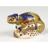 A ROYAL CROWEN DERBY CHAMELEON LIZARD PAPERWEIGHT, gold stopper and box.