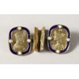 A PAIR OF RUSSIAN SILVER, BLUE ENAMEL AND PEARL CUFFLINKS.