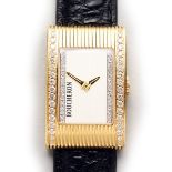 A SUPERB 18CT GOLD AND DIAMOND BOUCHERON WRISTWATCH with leather strap, No. 090-7446, in a Boucheron