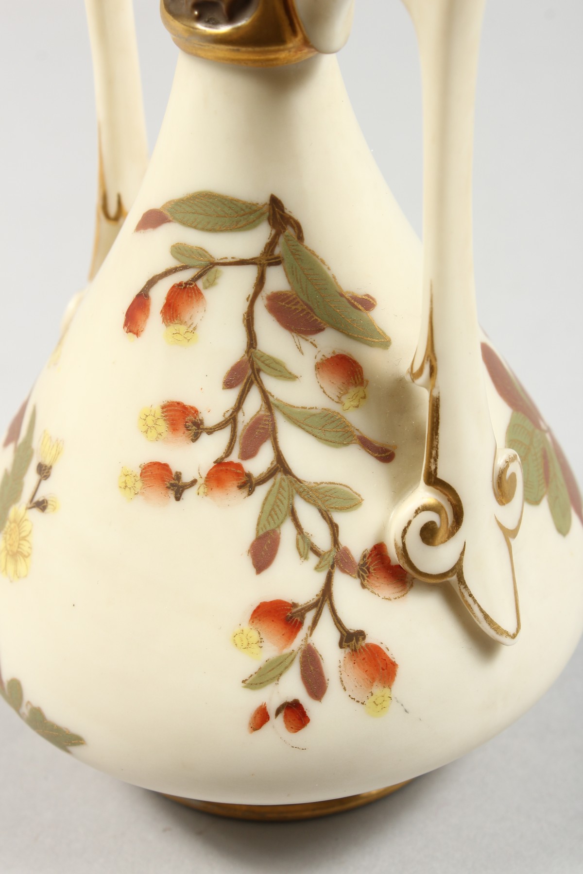 A ROYAL WORCESTER IVORY TWO HANDLED VASE painted with roses highlighted with gilding, date blue mark - Image 3 of 7