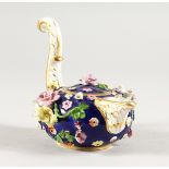 A MINIATURE DERBY FLOWER ENCRUSTED BLUE TEAPOT. 10cm high.