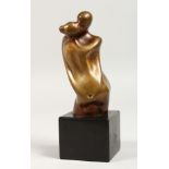 AYUSO A MODERNISTIC BRONZE GROUP OF NUDE LOVERS. 5.5ins high, on a marble stand.