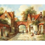 20th century Continental school, A street scene with figures and a gatehouse, oil on board,