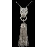 A SILVER CARTIER DESIGN PANTHER PENDANT AND CHAIN.