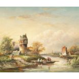 20th century continental school, A river landscape with figures and a windmill beyond, oil on