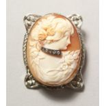 A GOOD WHITE GOLD CAMEO BROOCH set with diamonds.