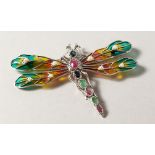 A SILVER, SAPPHIRE, RUBY, EMERALD AND PEARL DRAGONFLY BROOCH.