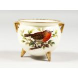 A ROYAL WORCESTER CAULDRON on three conical feet painted with a bird by Hopewell, blue mark, 1880'