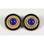 A PAIR OF YSL BLUE AND GILT EAR CLIPS.