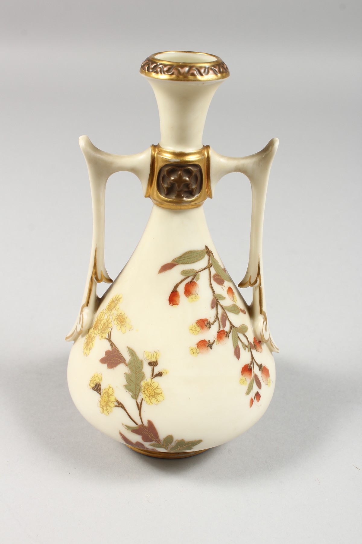 A ROYAL WORCESTER IVORY TWO HANDLED VASE painted with roses highlighted with gilding, date blue mark - Image 2 of 7