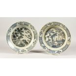 TWO CHINESE WANLI PERIOD BLUE AND WHITE PEACOCK DESIGN PLATES. 11ins diameter.