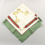 A GUCCI GREEN AND WHITE SILK SCARF, 32ins x 32ins.