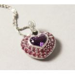 A 14CT WHITE GOLD, AMETHYST AND DIAMOND PENDANT.