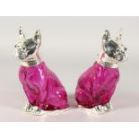 A PAIR OF CRANBERRY FRENCH BULLDOG CLARET JUGS with plated head, collar and base. 8ins high.