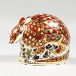 A ROYAL CROWN DERBY PAPERWEIGHT ARMADILLO, gold stopper and box.
