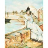 20th century, Study of a lady sat by the harbour side with a distant gaze, oil on canvas, signed 'E.