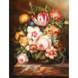 20th century British school, A still life of flowers in a glass vase on a marble ledge, oil on