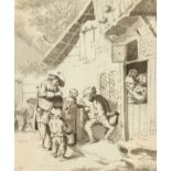 19th century, Style of Ostade, revellers outside of an inn, ink and wash Unframed, 4"x 3.5".