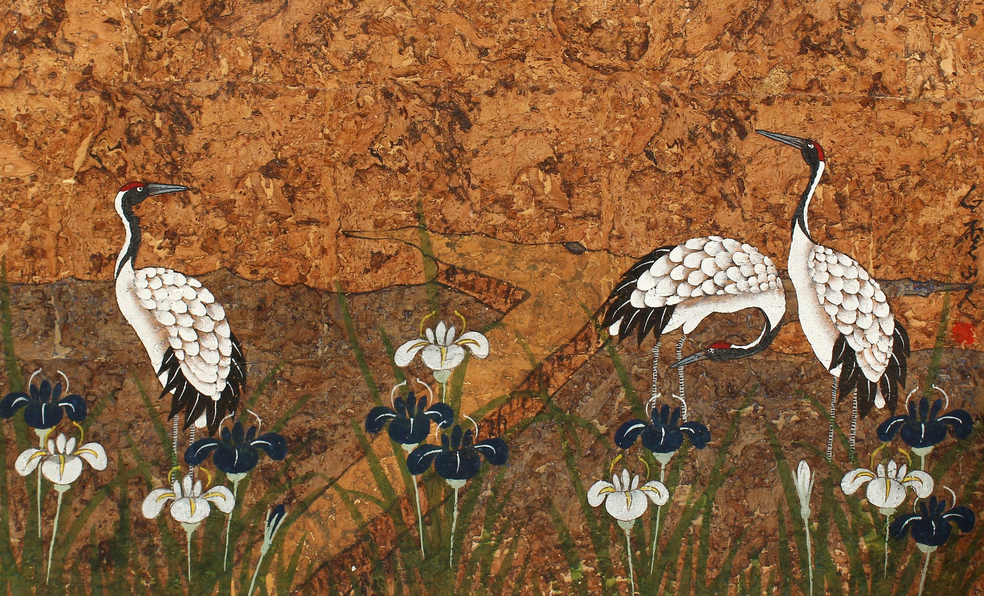 20th century Asian school, storks in a landscape, mixed media, unframed, 17" x 27.5", together