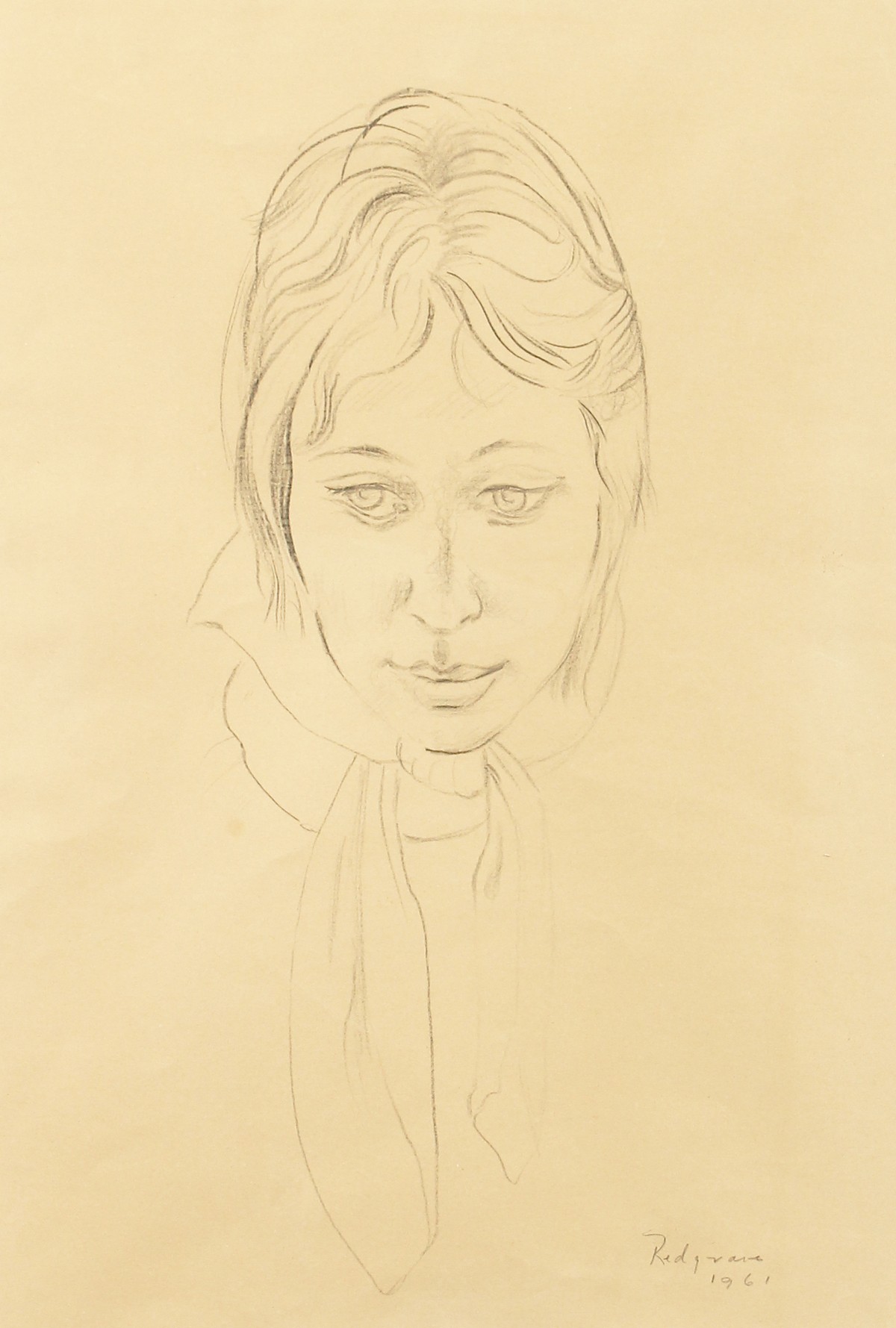 William Redgrave, portrait of a society lady wearing a headscarf, pencil drawing, signed and