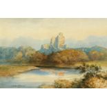 J MacDiarmid (19th/20th century) A view of castle ruins on a hilltop with a river and sheep,