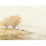 Late 19th century continental school, figures by a lake, watercolour, indistinctly signed and
