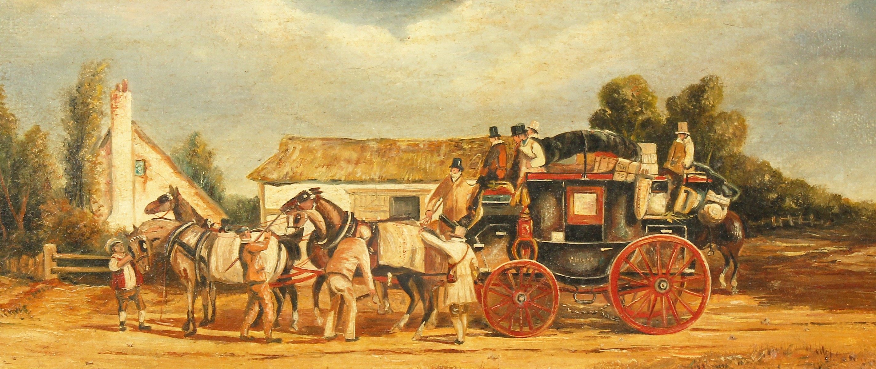 Charles Cooper Henderson (1803-1877), A coaching scene with Royal mail coaches, oil on canvas, 6"