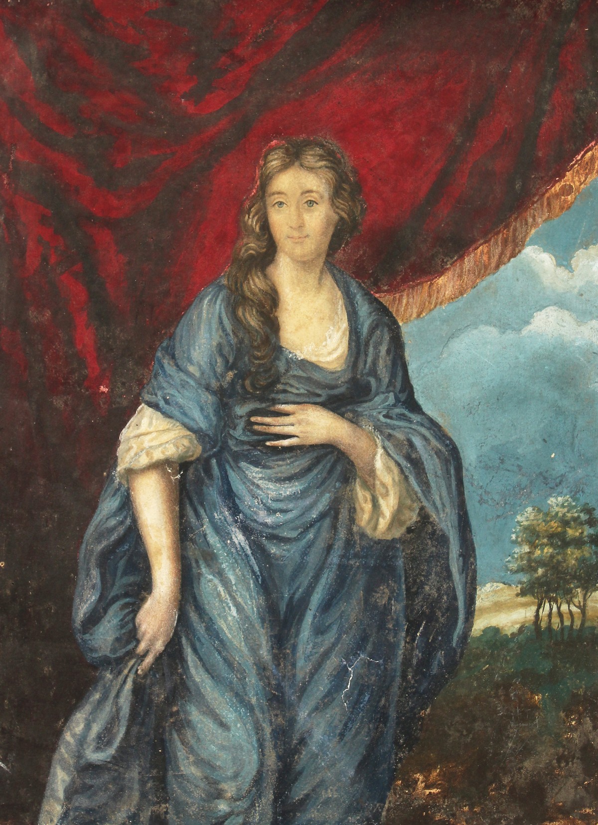 19th century, A portrait of a Lady draped in blue, watercolour, unframed, 13.5" x 9.5".