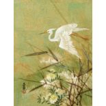 19th century Japanese school, A gliding stork with foliage below, mixed media, signed and sealed,