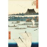 Hiroshige (1797-1858) Japanese, Hongwan Temple with fishing scene in the foreground, woodblock,