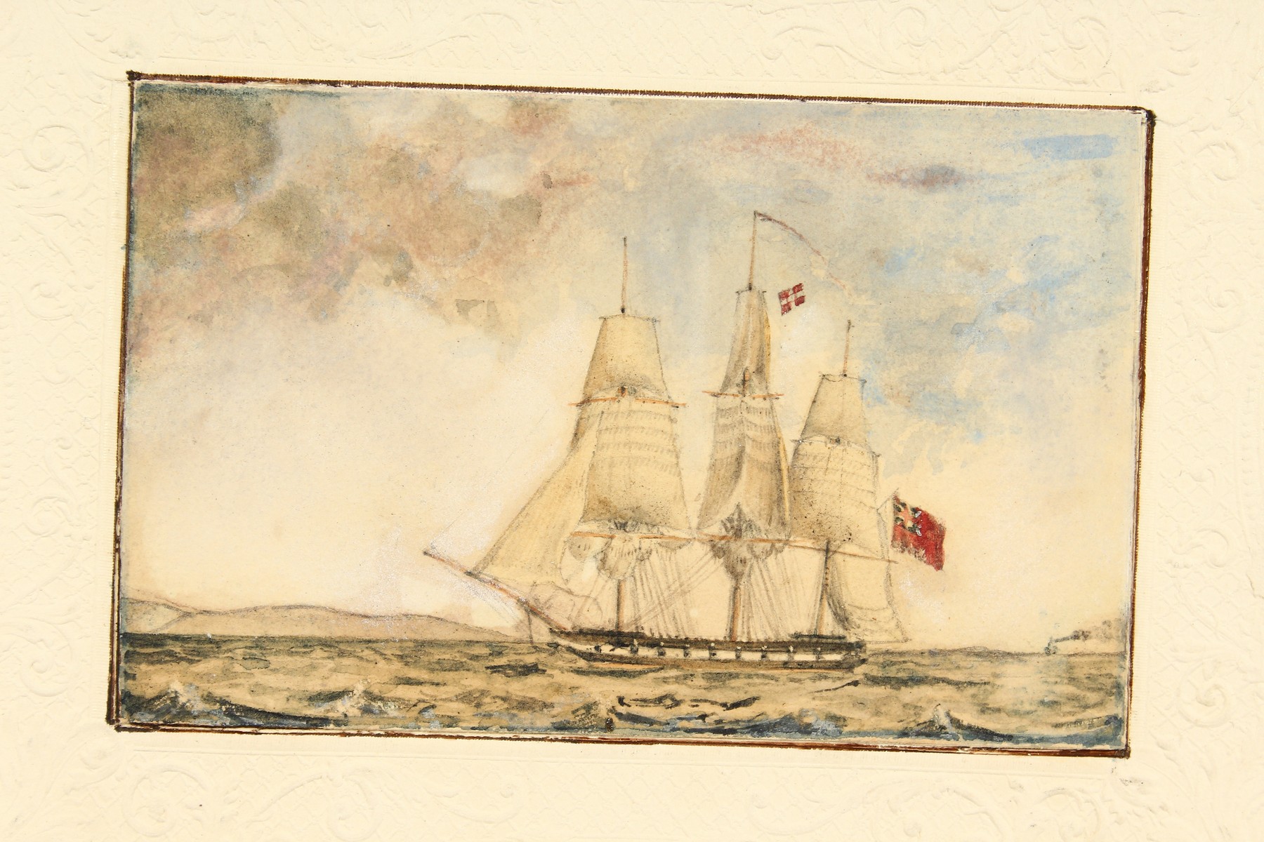 19th century, A Nautical scene with a ship on open waters, watercolour, Unframed, 3"x 4". - Image 2 of 5