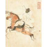 20th century Japanese school, a figure with a riding crop on a galloping horse, ink & wash,