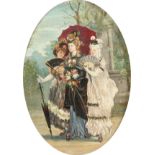 19th Century English school, A scene of three elegant female figures, oil on board, 7" x 5", oval.