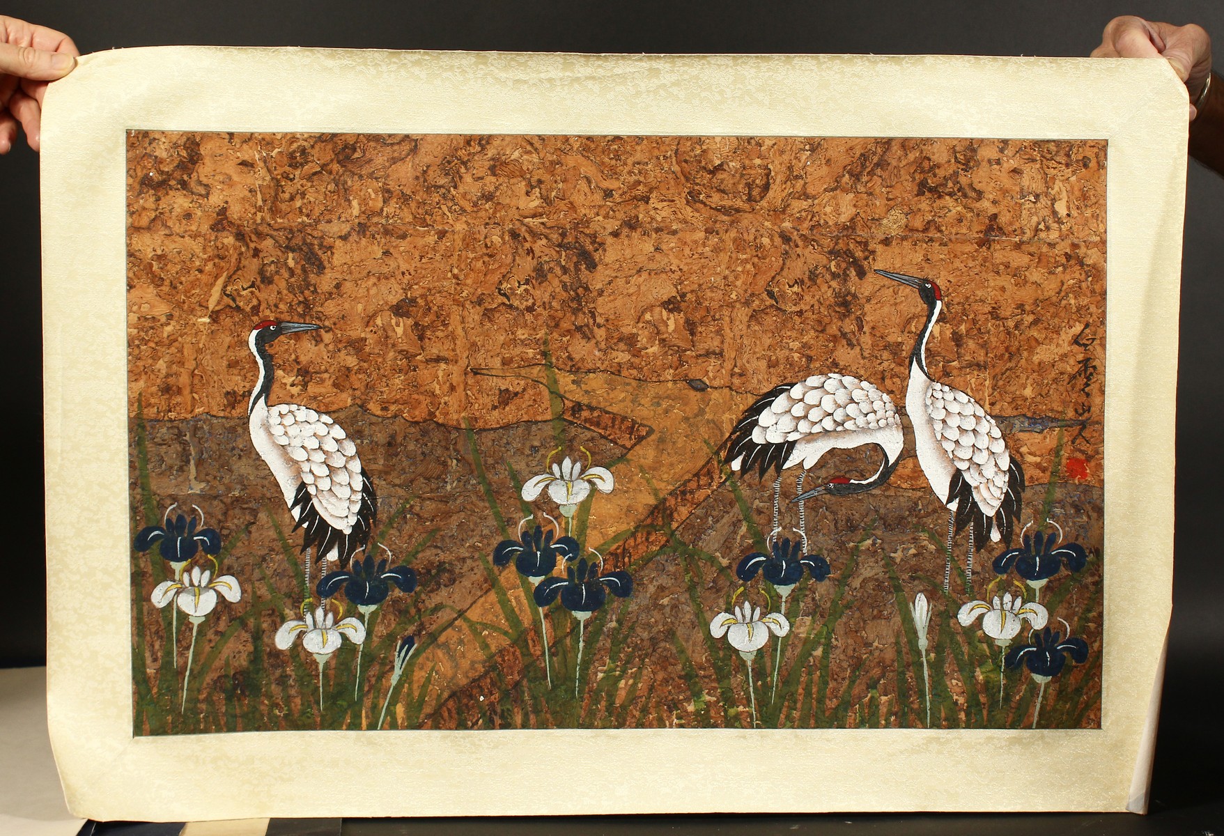 20th century Asian school, storks in a landscape, mixed media, unframed, 17" x 27.5", together - Image 2 of 3