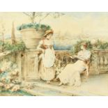 Circle of Glendenning, circa 1890, Two ladies on a terrace with a view of a continental city beyond,