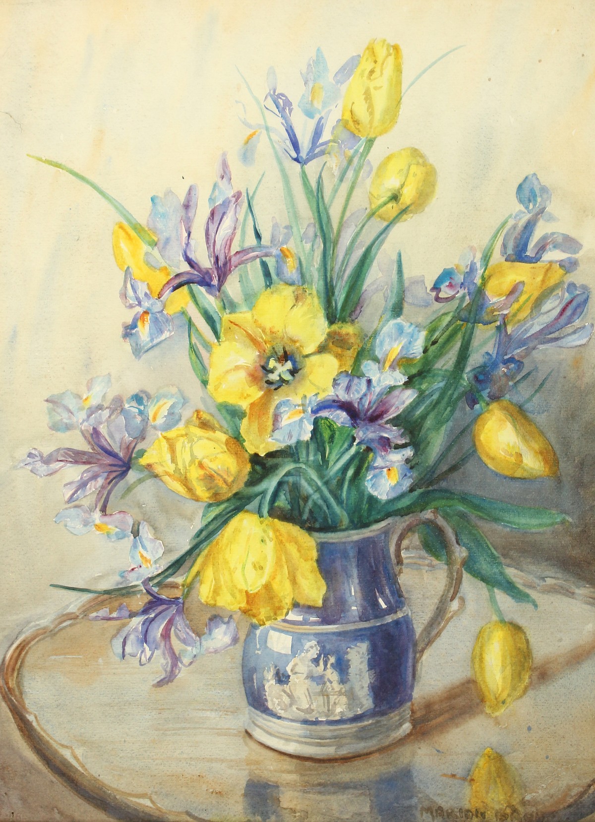 Marion Broom (1878-1962) British, A still life of mixed flowers in a classical style blue jug,