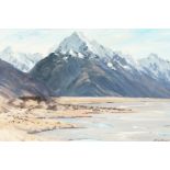 G.A. Genet, A landscape scene of Mount Cook, New Zealand, oil on board, signed, 13" x 20".