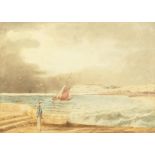 19th century French school, a coastal scene with a soldier walking along the promenade with boat and