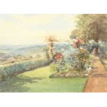 Arthur Mayrick (early 20th century) British, A garden scene with flowers and hedging along a path,