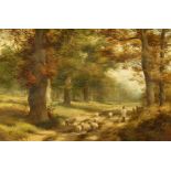 19th century school, A Shepherd and his flock on a tree-lined country path, oil on canvas, 8" x